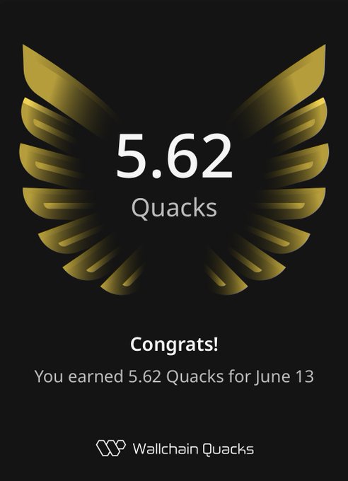 The image features a poster with a gold bird's wing design at the top. The text below the wing reads "Good night gQuack !!! Today i earned 5.62 Quacks for June 13". This message congratulates the user on their achievements in Quacking and encourages them to continue learning, building, and showing up on the Wallchain Quacking community.