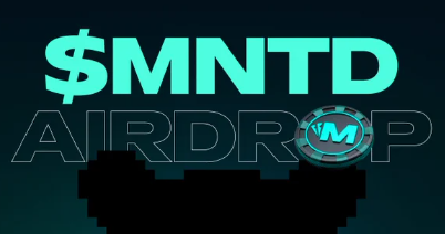 A crypto token graphic displaying '$MNTD' in cyan text above 'AIRDROP' with a blue coin logo containing an 'M' symbol against a dark gradient background.