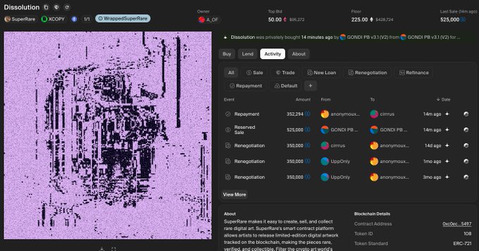A Gondi marketplace activity page for the NFT "Dissolution" by XCOPY (WrappedSuperRare) showing a recent $525,000 sale to "citrus" with a top bid of $50.00, directly confirming the high-value 1/1 transaction referenced in the post.