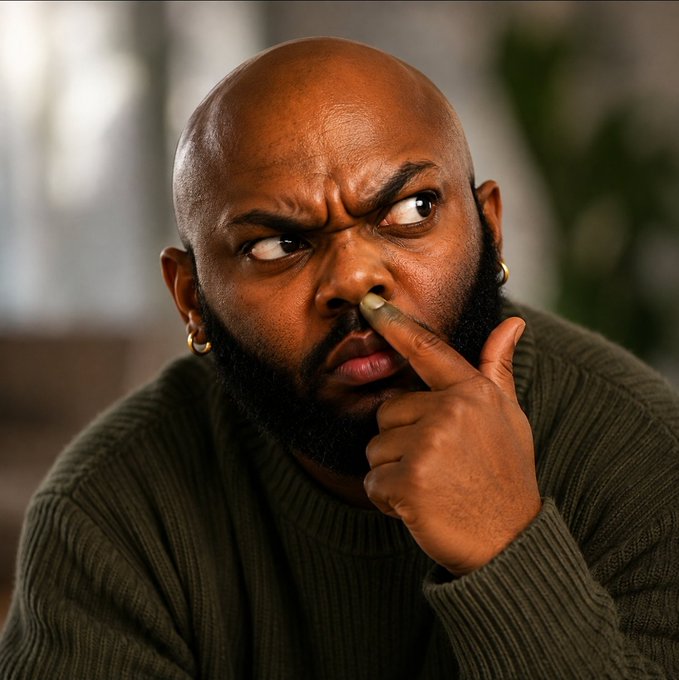 A man in an olive sweater furrows his brow in deep thought, picking his nose while looking off to the side, perfectly capturing the "one last scroll" dilemma described in the caption.