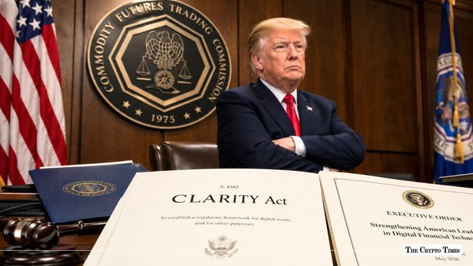 Donald Trump is pictured with documents titled "CLARITY Act" and "EXECUTIVE ORDER Strengthening American Leadership in Digital Financial Technology," suggesting official regulation regarding digital assets alongside the bullish crypto price predictions.