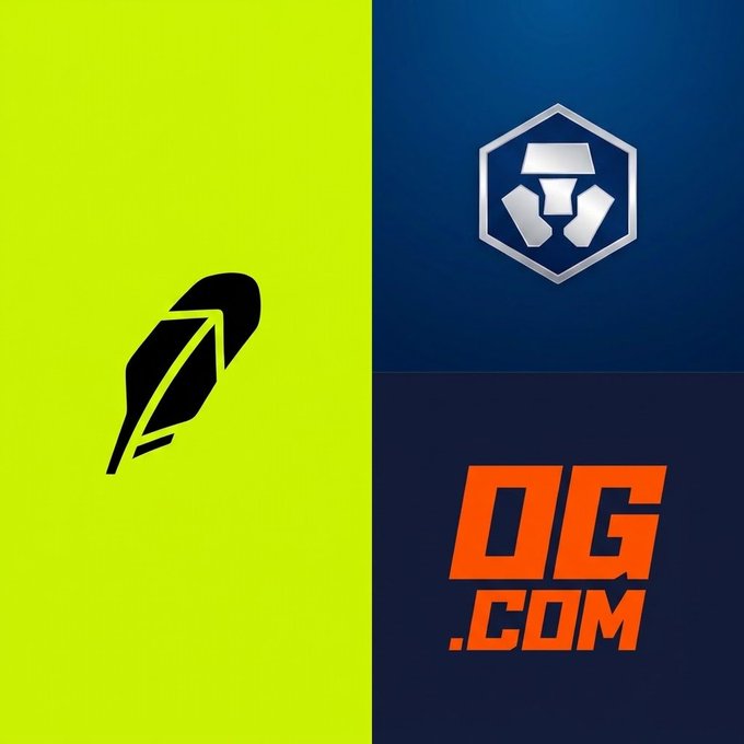 The image is a split graphic featuring the black Robinhood feather logo on a bright yellow-green background on the left, paired with two crypto-related logos on a dark blue background on the right: the Crypto.com hexagonal emblem at the top and the bold orange "OG.COM" text at the bottom, visually representing the three-way partnership mentioned in the post.