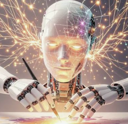 A stylized, glowing humanoid robot head and hands holding a pen, surrounded by bright sparks and neural network connections against a dark background.