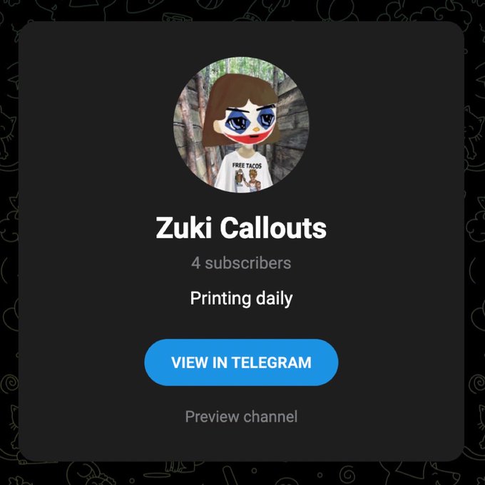 A Telegram channel preview for "Zuki Callouts" displays 4 subscribers with a "Printing daily" tagline, promoted alongside claims of 1000X gains on calls like $ANSEM, $CATE, and $MARSCOIN to encourage joining at t.me/ZukiCalls.