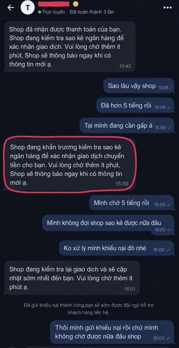 A chat conversation in Vietnamese where a shop is informing a customer they are verifying a bank transaction to resolve a payment issue.