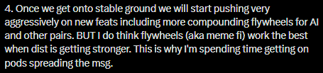 A text excerpt discusses pushing aggressively on new features including 'compoundig flywheels for AI' and mentions the ticker 'BUTI' using 'flywheel' as an 'eme ffl'.