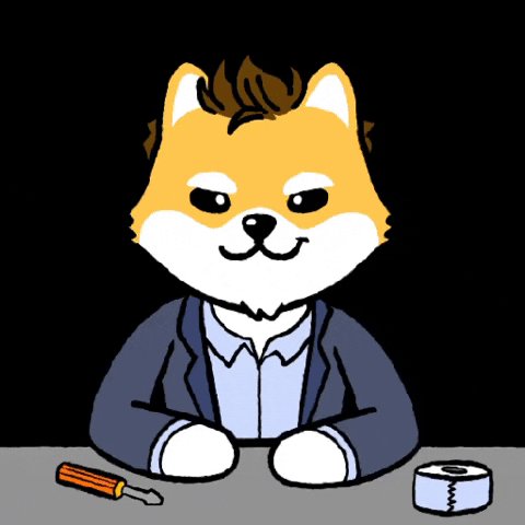 urn of ink, a roll of tape, and a pencil are scattered on the table, accompanied by a cartoonish brown dog with a mustache.