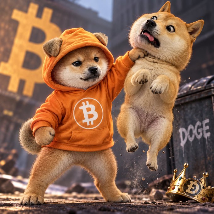 An AI-generated image showing a Shiba Inu dog wearing an orange Bitcoin hoodie grabbing another Shiba Inu by the neck in a gritty setting with a Bitcoin symbol and 'DOGE' graffiti on a dumpster, plus a gold crown with the Bitcoin logo.