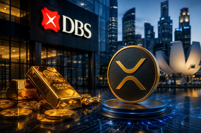 The image features a large building with a red logo that says "DBS" on it. In front of this building, there are stacks of gold bars and coins, as well as some digital currency. The main focus of the image is an XRP Ledger tokenized gold coin sitting in front of the DBS bank. This coin represents real-world assets being brought to the XRPL, which is a platform for issuing and trading digital tokens.