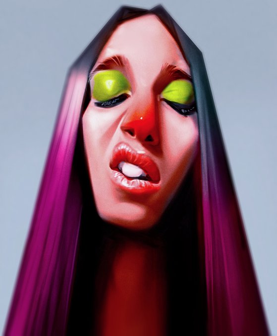 A digital portrait of a woman with vibrant green eyeshadow, glossy red lips, and long purple hair against a gray background.