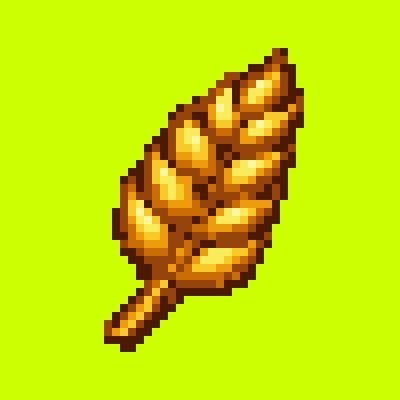 A pixel art image depicting a brown, textured leaf on a bright green background.