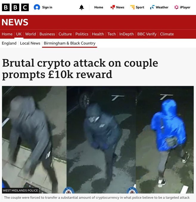 A BBC News article headlined 'Brutal crypto attack on couple prompts £10k reward', featuring CCTV images of three masked suspects provided by West Midlands Police.
