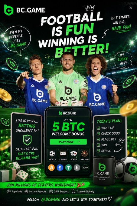 A promotional advertisement for BC.GAME online gambling platform featuring three soccer players in blue jerseys, advertising a '5 BTC WELCOME BONUS' and showing betting categories like Sports, Casino, Poker, and Live Casino.