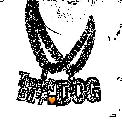 Caption: A black and white stylized graphic featuring two thick chains hanging down with pendants reading 'TRUCK BITCH' and 'DOG' separated by an orange heart.