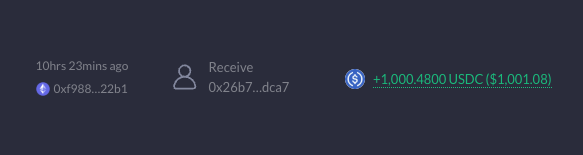 A screenshot of a crypto transaction showing a received payment of +1,000.4800 USDC ($1,001.08) to wallet address 0x26b7...dca7 from sender 0xf988...22b1, occurring 10 hours and 23 minutes ago, consistent with the Billions Network's $100K USDC rewards distribution for top 100 leaderboard campaign participants.