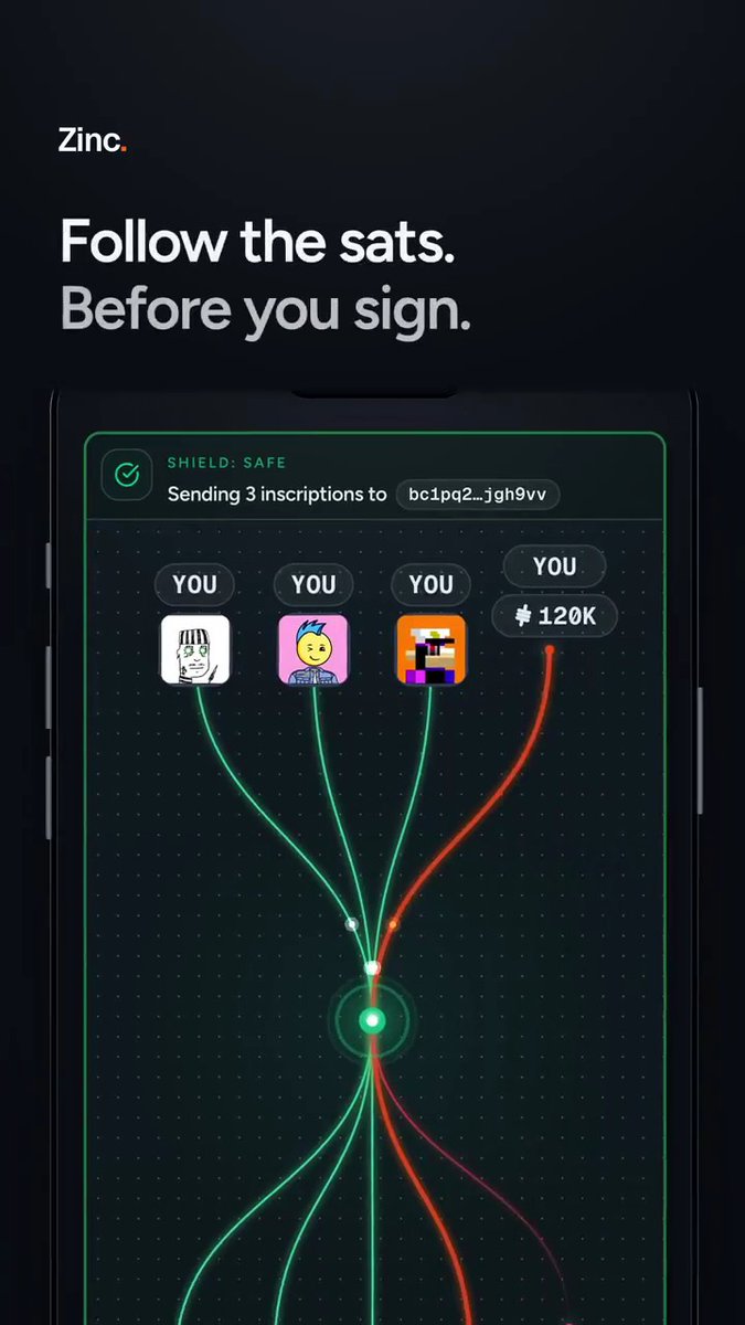 An advertisement for 'Zinc' showing a smartphone screen displaying a transaction visualization with the tagline 'Follow the sats. Before you sign.'