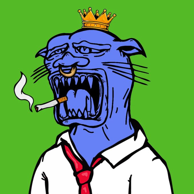 A cartoon blue panther-like character with a crown, red tie, and cigarette smokes against a bright green background.