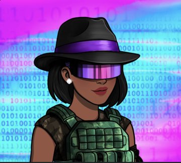 A cartoon-style illustration of a female character wearing a black hat with a purple band, pink-tinted visor glasses, and a tactical vest against a background of binary code.