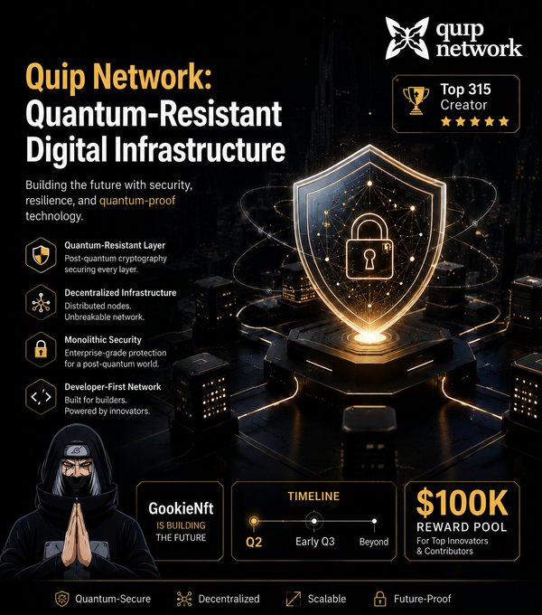 Promotional graphic for Quip Network advertising quantum-resistant digital infrastructure, featuring their Top 315 Creator badge, key features like decentralized nodes and monolithe security, a $100K reward pool, and a ninja-style mascot labeled GookieNft.