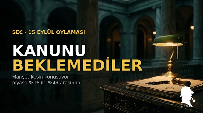 A dramatic image features a judge's gavel and lamp resting on a desk with bold text "KANUNU BEKLEMEDİLER" (They didn't wait for the law) and "SEC · 15 EYLÜL OYLAMASI" (SEC · September 15 Vote), highlighting that crypto markets priced in the Clarity Act outcome at 16-49% before the September 15 Senate vote on SEC regulation.