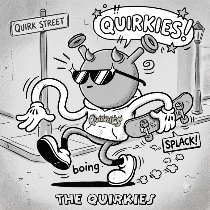 A black and white cartoon character with horns, sunglasses, and a skateboard, with text 'QUIRK STREET', 'QUIRKIES!', 'QUIRKIES', 'boing', 'SPLACK!', and 'THE QUIRKIES'.