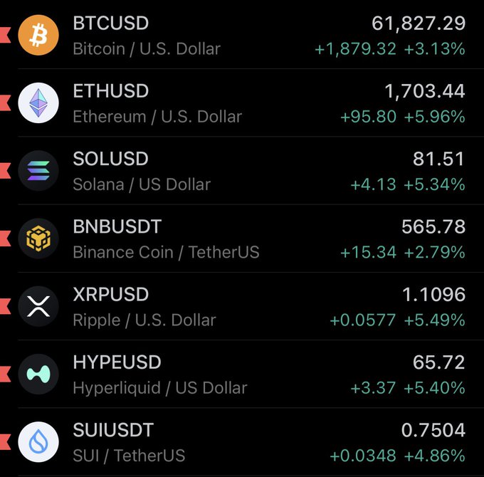 A cryptocurrency market dashboard shows all major coins trading in the green, with BTCUSD at $61,827.29 (+3.13%), ETHUSD at $1,703.44 (+5.96%), SOLUSD at $81.51 (+5.34%), along with BNB, XRP, HYPE, and SUI all posting gains of 2-5%—visually confirming the post's observation that the market has finally turned green after a period of red.