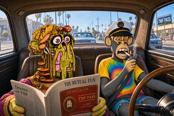 A grotesque, surreal illustration shows a decayed, fungus-covered creature reading a newspaper titled "THE MUTUAL FUN" with the headline "Dreams on TMF" alongside a cigar-smoking monkey in a captain's hat driving a car, with a billboard reading "TMF PASS" visible outside.

The image cleverly visualizes the post's themes by depicting "The Mutual Fun" (TMF) culture and "TMF PASS" as bizarre, cartoonish characters navigating the world together, reflecting the post's commentary on the community's culture and market optimism.