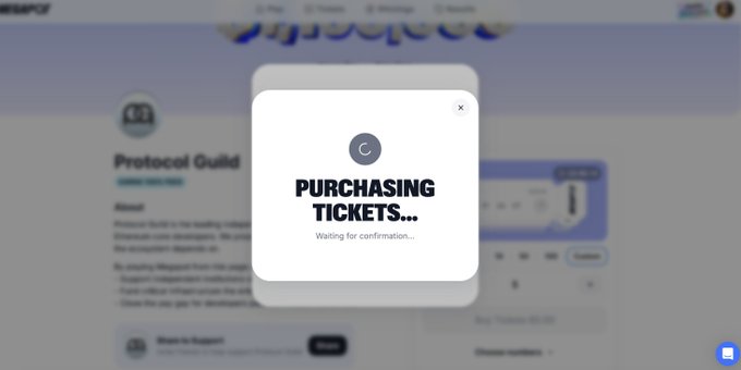 A loading modal displays "PURCHASING TICKETS... Waiting for confirmation..." over the Megapot jackpot website, specifically on the Protocol Guild funding page. The image visually represents the user's action of buying a Megapot ticket to support Ethereum developers via Protocol Guild, as mentioned in the caption.