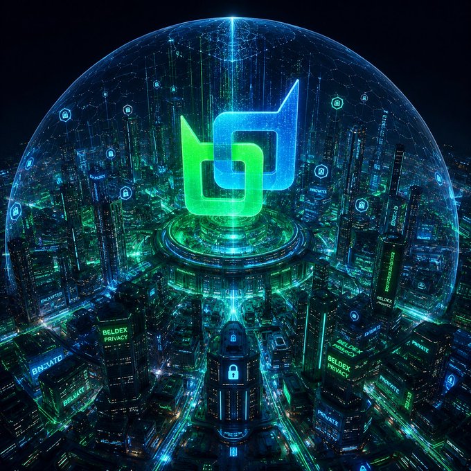 A futuristic cyberpunk digital art piece showing a glowing green logo inside a transparent dome over a high-tech city with 'BELDEX PRIVACY' text on skyscrapers.