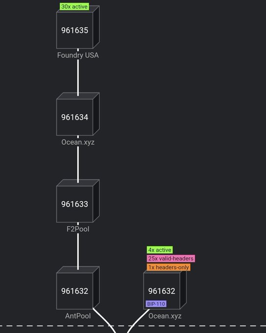 A blockchain visualization showing blocks 961632 through 961635 with mining pool attributions (AntPool, F2Pool, Ocean.xyz, Foundry USA), featuring tags indicating 30x active, 4x active, 25x valid-headers, 1x headers-only, and BIP-110 signaling.