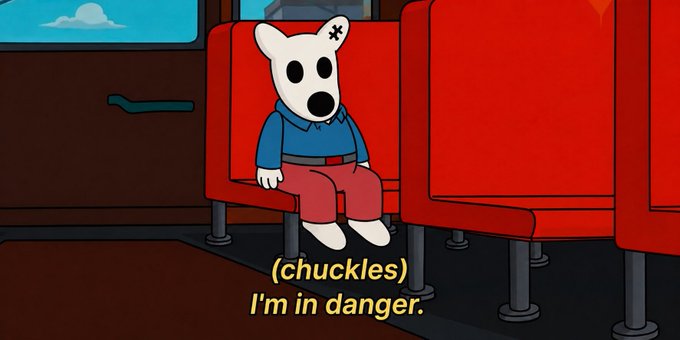 A cartoon character in a white mask and blue hoodie sits on a red bus seat with the caption "(chuckles) I'm in danger." The image humorously represents the risky optimism of investing a single dollar in meme coins during a BTC pump, acknowledging the volatile and speculative nature of chasing dog-themed tokens.