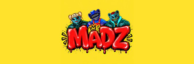 A vibrant graffiti-style banner on a yellow background featuring three cartoonish bear characters above the bold red dripping text "MADZ," promoting a free mint giveaway for the MadzNFTs drop. The colorful, urban street-art aesthetic aligns with the NFT project's energetic branding and limited 24-hour claim window.