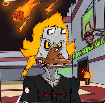 A cartoon duck character with a flaming head wearing a black 'Nothing' basketball jersey stands in a gymnasium with flaming basketballs and a 'The Super Silks' sign visible.