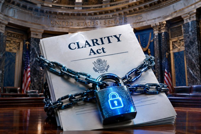 A conceptual image showing a document titled 'CLARITY Act' bound by heavy chains and secured with a glowing blue padlock, set against the backdrop of the United States Senate chamber.
