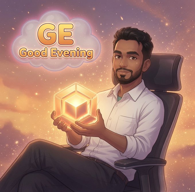 An illustrated Good Evening greeting featuring a bearded man seated in a chair, holding a glowing cube, with a cloud-shaped text box reading 'GE Good Evening' against a starry purple sky.