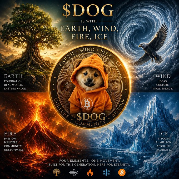A promotional graphic titled '$DOG IS WITH EARTH, WIND, FIRE, ICE' featuring a Shiba Inu dog in a Bitcoin hoodie, surrounded by imagery representing the four elements.