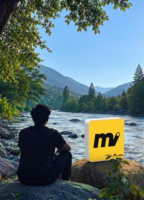 A young man sits on a rock beside a flowing river, framed by lush green trees, with a yellow "mv" logo block beside him.