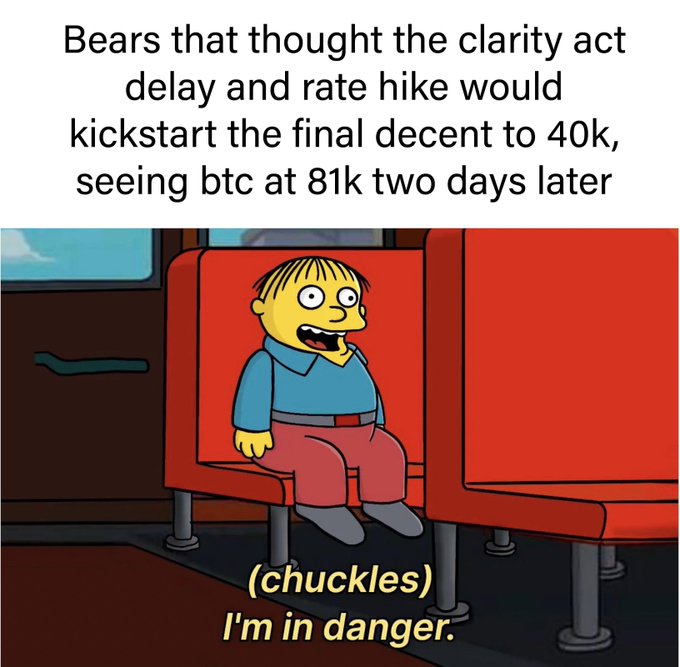 A Simpsons meme featuring Ralph Wiggum on a bus with the caption 'Bears that thought the clarity act delay and rate hike would kickstart the final decent to 40k, seeing btc at 81k two days later' and '(chuckles) I'm in danger.'