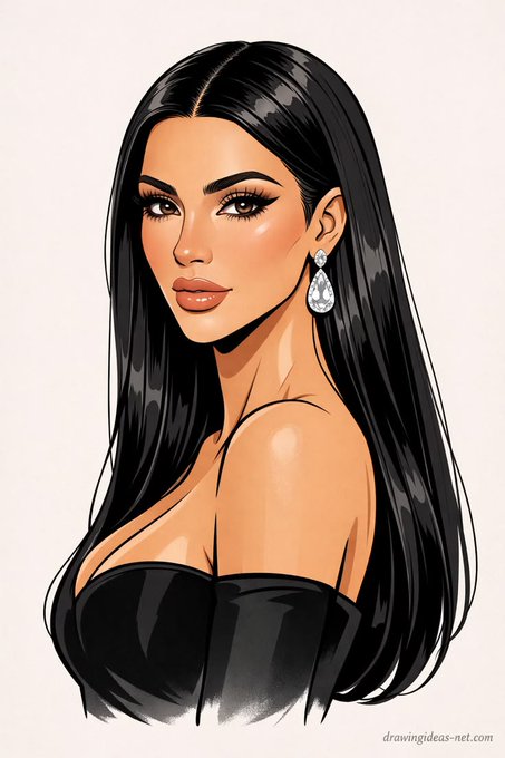 A stylized digital drawing of a woman with long black hair, wearing a black strapless top and large teardrop diamond earrings against a light background.