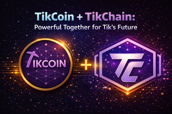 The image is a promotional graphic featuring two digital emblems against a cosmic purple background: a circular gold "TIKCOIN" logo and a hexagonal purple "TC" (TikChain) logo, separated by a glowing plus sign, with the headline "TikCoin + TikChain: Powerful Together for Tik's Future."

The graphic visually represents the partnership mentioned in the post, illustrating the integration of TikCoin (#TIK) and TikChain (#TCC) as a unified ecosystem supporting the upcoming wallet beta release and future exchange listings.