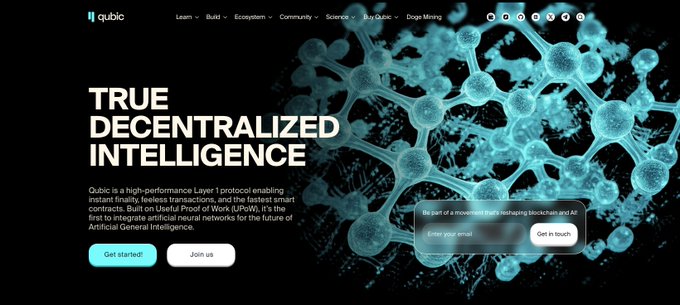 The image shows a website with a black background featuring blue text that reads "True Decentralized Intelligence" along with a graphic of blue dots representing data points. The website also has a social media button at the bottom, suggesting it may be used for sharing information or promoting the platform. The post in question is about investing in altcoins and predicting which one will pump to crazy numbers next.