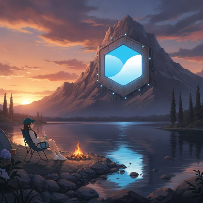 An anime-style digital illustration showing a person sitting by a campfire beside a lake at sunset, with a large mountain in the background featuring an embedded hexagonal blue glowing emblem.