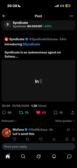 A Twitter/X post from @SyndicateSolana introducing $Syndicate as an autonomous agent on Solana, with the token priced at $0.000397 (+141%), showing 68 replies, 70 reposts, and 83 likes.