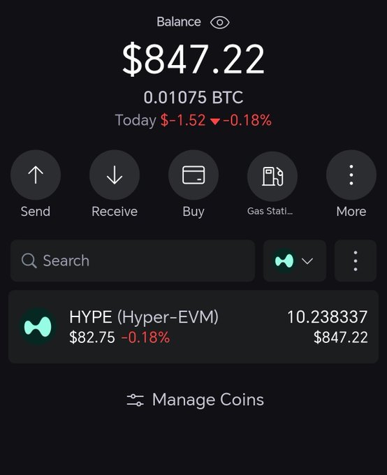 A crypto wallet screen displays a balance of $847.22 (0.01075 BTC) with HYPE (Hyper-EVM) showing 10.238337 tokens at $82.75, down -0.18% today, illustrating the user's post celebrating ~$850 profit while still holding NFTs from HypeTerminals.