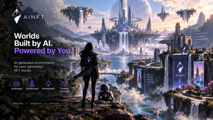 A promotional banner for AINFT with the tagline 'Worlds Built by AI. Powered by You.' showing a figure overlooking a fantastical floating city with waterfalls and futuristic architecture.