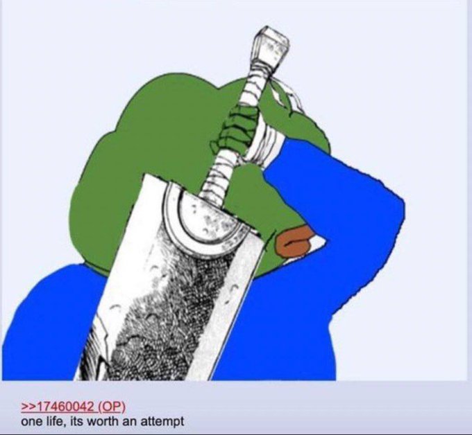 A Pepe the Frog meme depicts the character biting down on the hilt of a sword, with text reading ">>17460042 (OP)" and "one life, its worth an attempt," referencing the poster's high-risk financial leverage and willingness to gamble everything on a single trade.