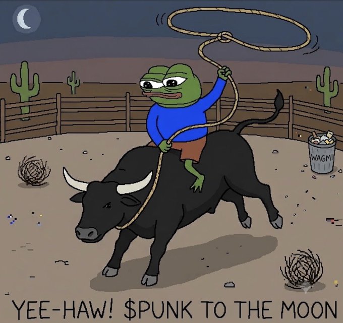 A Pepe the Frog meme illustration showing a frog in a cowboy hat riding a black bull with a lasso at night, captioned 'YEE-HAW! $PUNK TO THE MOON' with a 'WAGMI' bucket nearby.