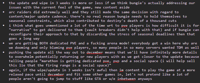 A screenshot of a Reddit-style comment thread discussing Bungie's communication cadence, with the author defending the studio's three-week wipe and update schedule while criticizing "pve" players for blaming them for Marathon's development challenges, mentioning the December update timeline and TDM-style arena gameplay.