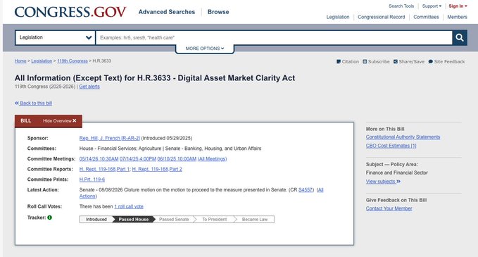 A screenshot of Congress.gov showing the 'All Information' page for H.R.3633, the 'Digital Asset Market Clarity Act' sponsored by Rep. French Hill (R-AR-2).