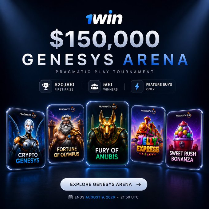Promotional graphic for the "$150,000 Genesys Arena" Pragmatic Play tournament on 1win, featuring five slots (Crypto Genesys, Fortune of Olympus, Fury of Anubis, Jelly Express, and Sweet Rush Bonanza), with a $20,000 first prize for 500 winners playing feature buys only, ending August 9, 2026 at 21:59 UTC.